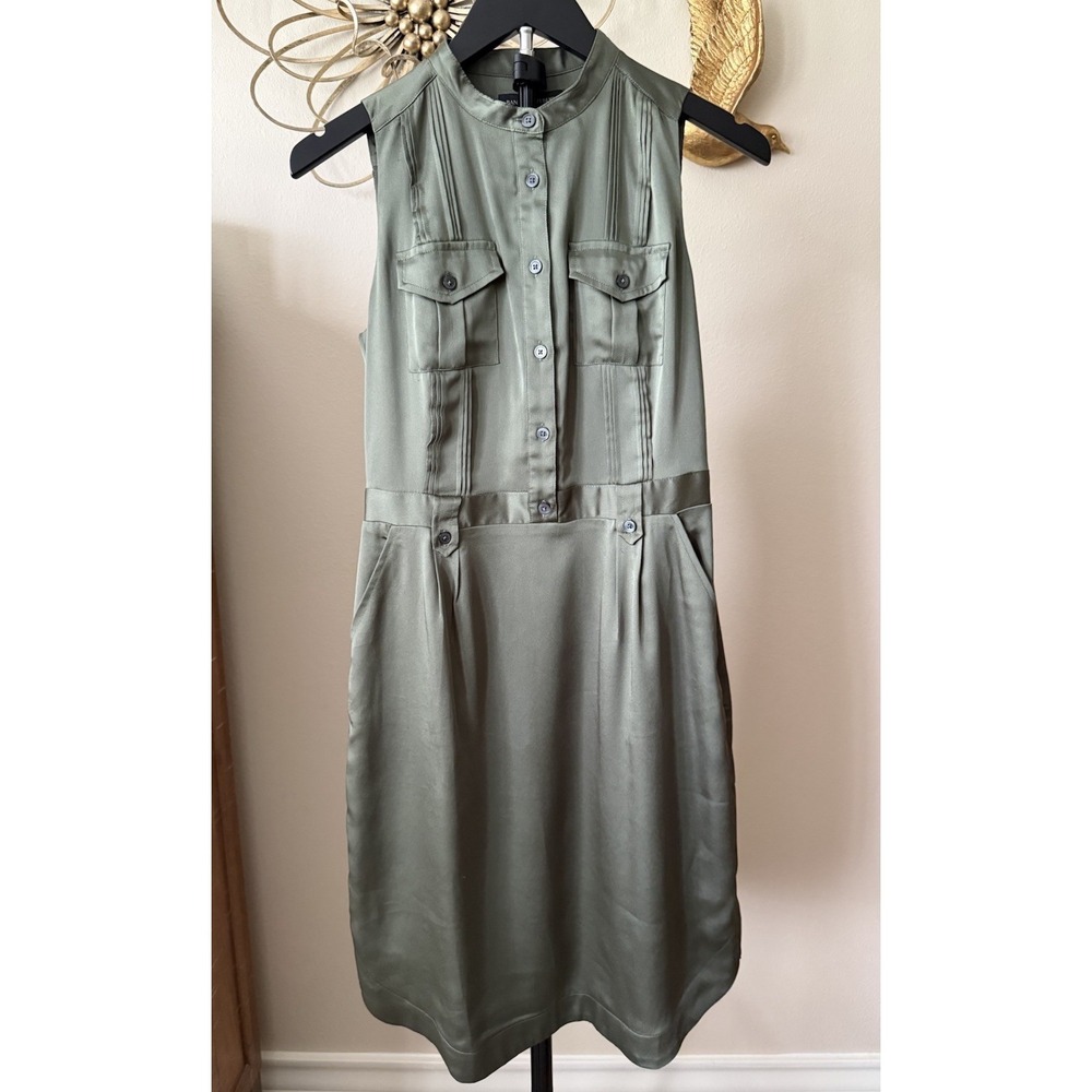 Banana Republic Olive Green Shirt Dress Womens 0 Sleeveless Satin Utility Midi